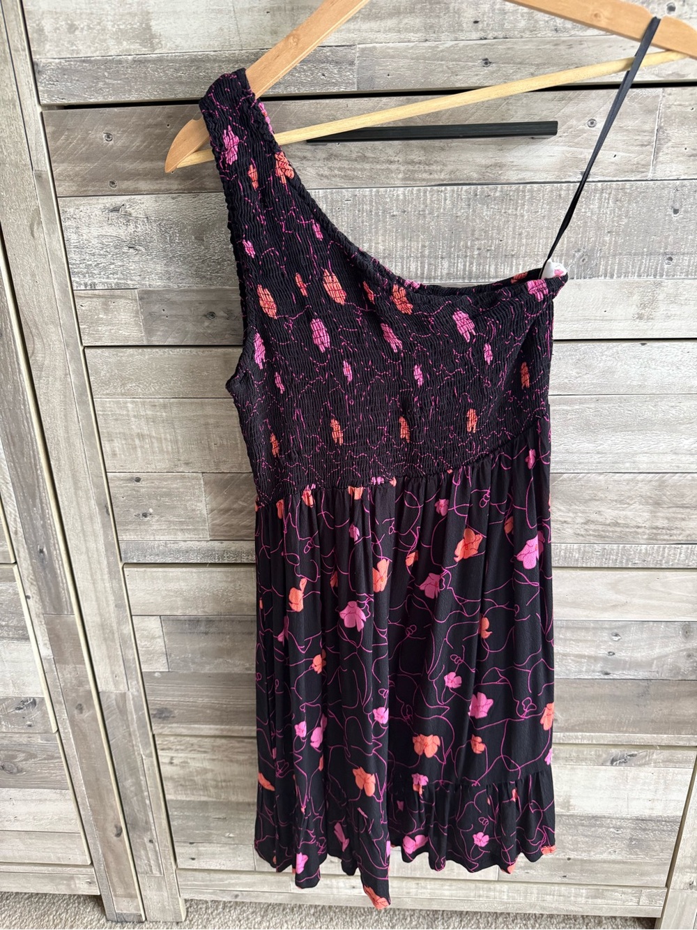 Ava Sky Black Mini one shoulder Dress with Puakenikeni print